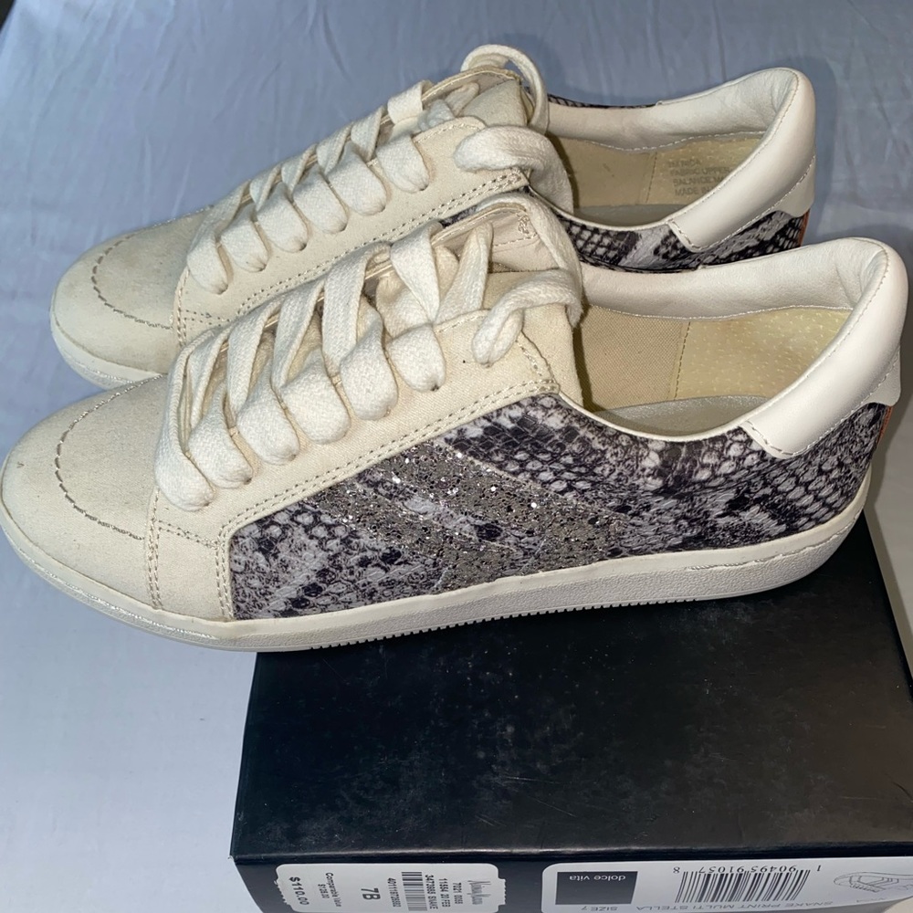 Dolce Vita Cream and Gray Snake-Print Sneakers